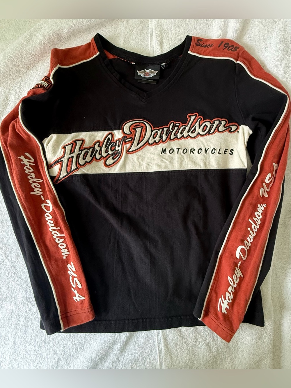 Harley-Davidson Black, Rust & White Long Sleeve V-Neck Shirt